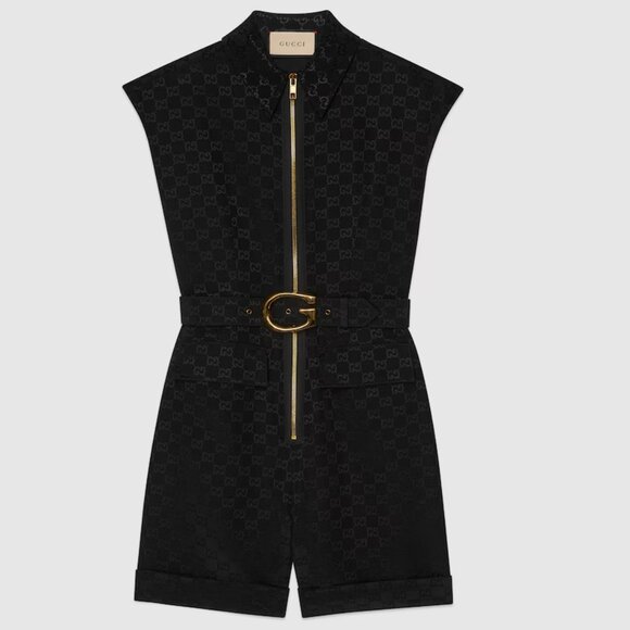 Gucci Black Monogram Jacquard Faille Jumpsuit with Belt - Picture 2 of 14